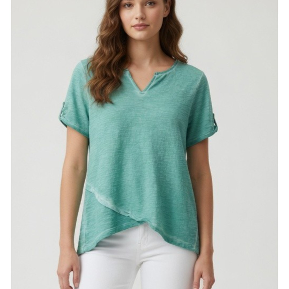 Chicos Size 0 Small Green Slub Cotton Tee Crossover Hem Button Sleeve Casual Top